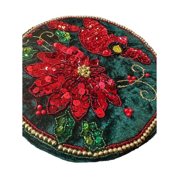 VTG poinsettia Velvet Embroidered Christmas Box Sequin Beads holiday table decor - Picture 6 of 12
